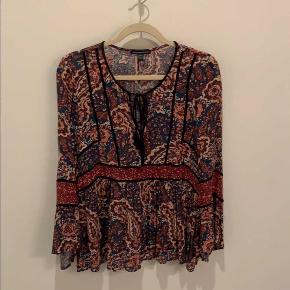 velvet trim peasant top with bell sleeves